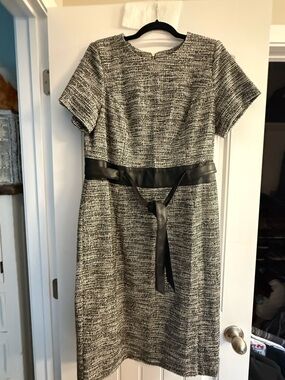 Calvin Klein Black and White Tweed Sheath Dress with Black Waist Tie